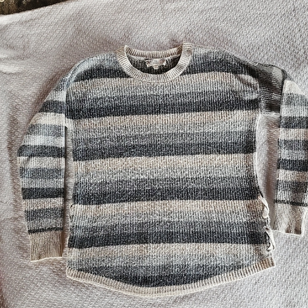 Pink Republic Women’s Striped Crewneck Sweater in Beige and Gray